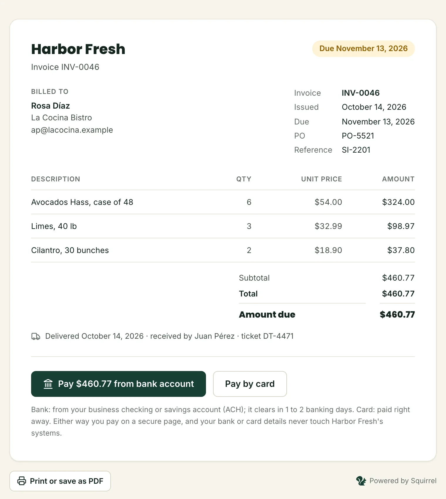 An invoice in Squirrel, with buttons to pay it from a bank account or by card